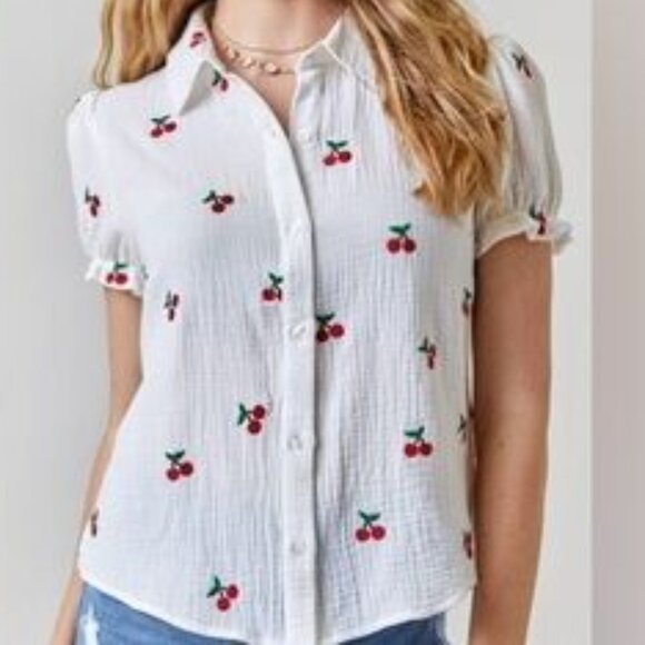Cotton Gauze Cutesy Embroidered Cherries Crop Collared Button Shirt Large - Picture 1 of 6